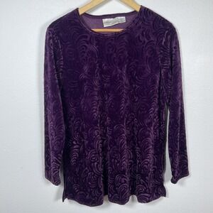 Vintage Womens Y2K Velvet Burnout Whimsigoth Top Sz L Purple Long Sleeve Casual